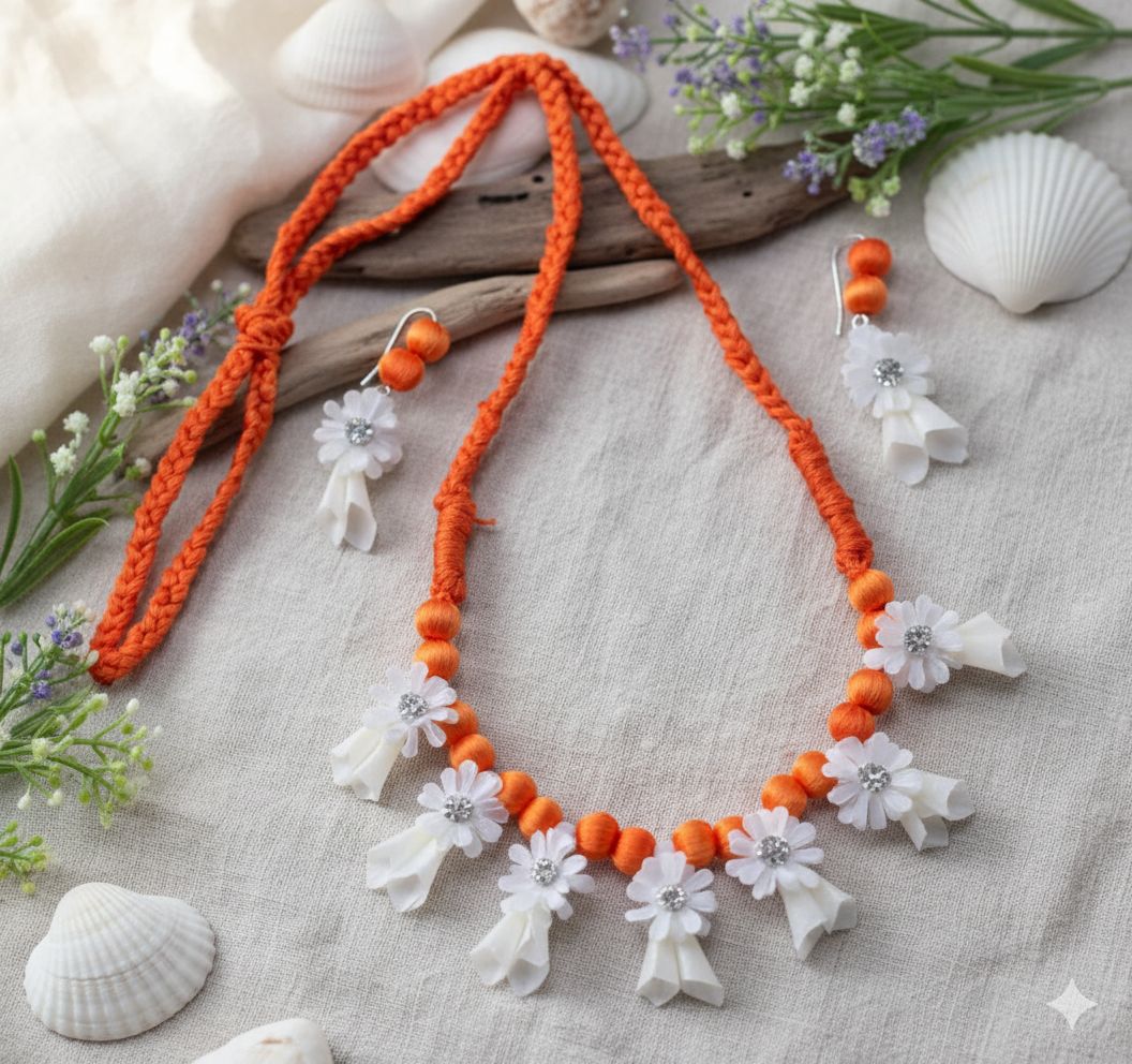 Small Fol & Ful Floral Jewelry Set | Handcrafted Orange Bead Necklace with White Flower Danglers | Lightweight Ethnic Wear