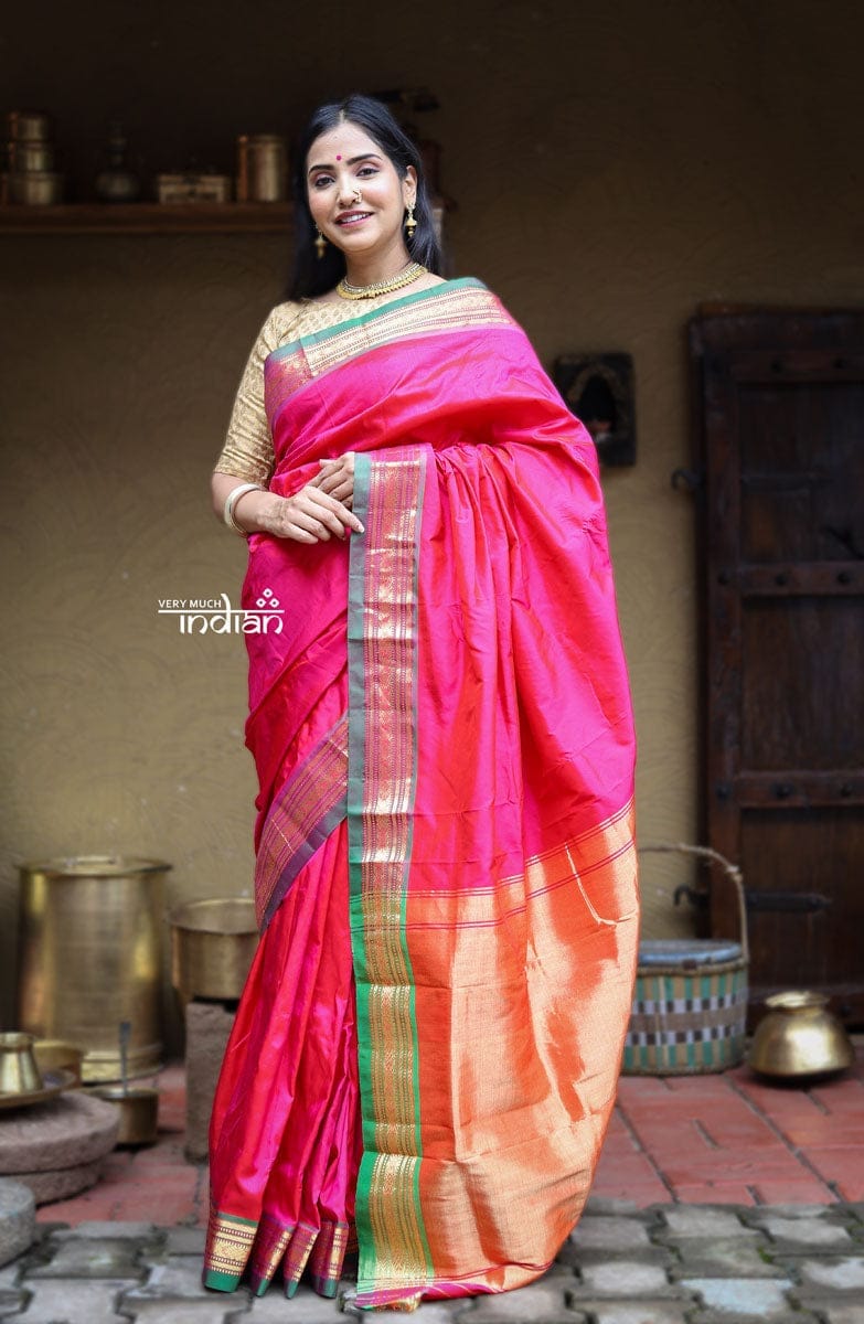 Utsaav ~ Traditional Handloom Pure Silk Jijamata Paithani in Hot Pink with Green Border