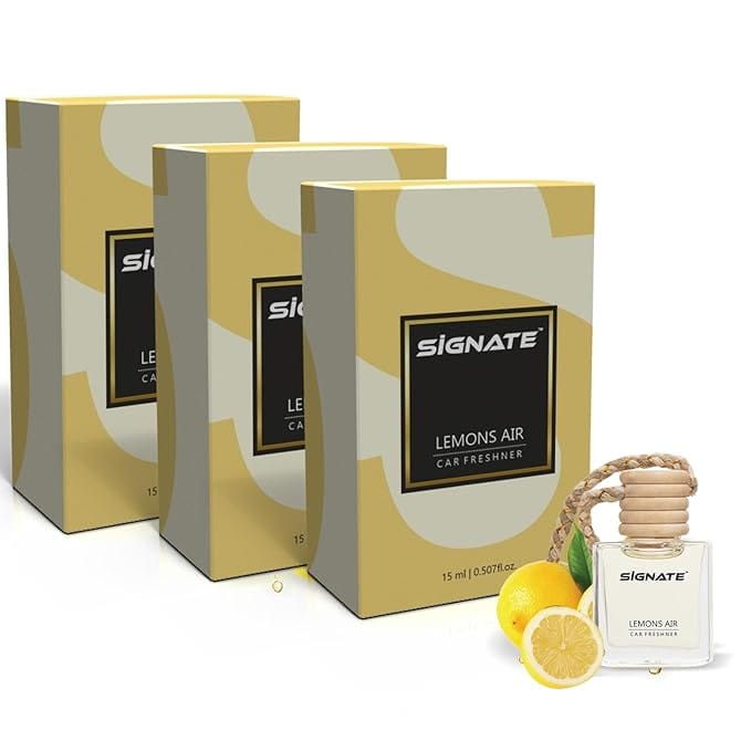 Signate Car Perfume with Natural Fragrance Essential Oils | Car Air Fresheners Long Lasting Upto 90 Days | Hanging Pod in Glass Bottle with Wooden Diffuser Lid  15ML (Lemond Air) (Pack of 3)
