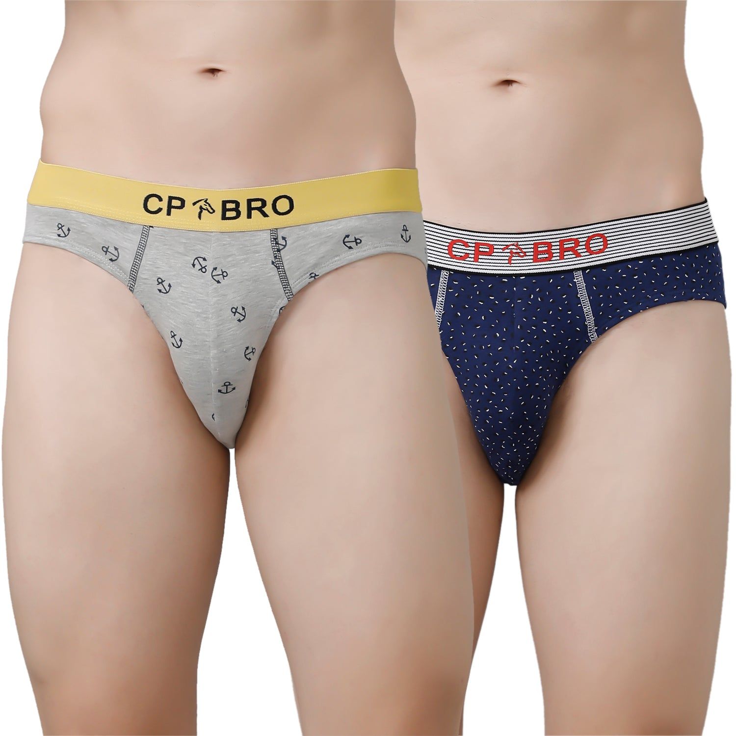 CP BRO Men's Printed Briefs with Exposed Waistband Value Pack - Grey Anchor & Navy Dot (Pack of 2)