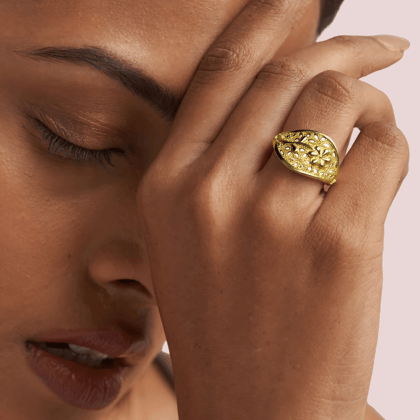 Leaf Motif Gold-Plated Ring with Floral Detailing