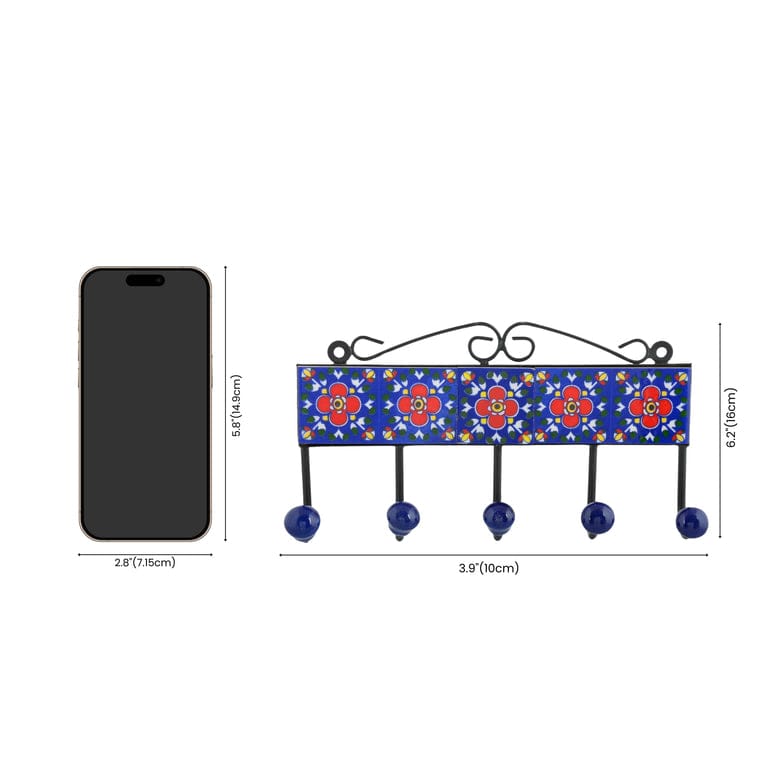 Blue Pottery Inspired Decorative Key HolderBlue5 Hooks