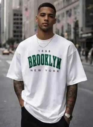 Men Trendy Oversized Cotton Blend Printed T-Shirt | Brooklyn New York Shoulder Loose Fit Casual White T-Shirt For Men & Boys