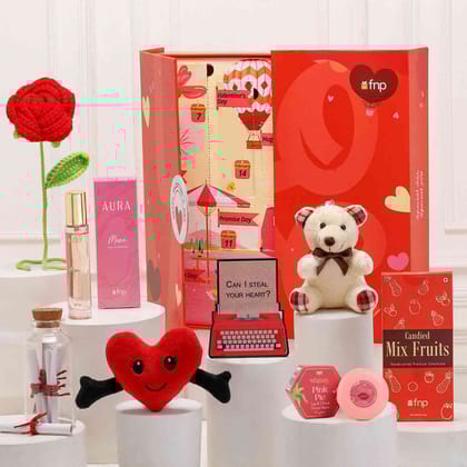 FNP Romantic Valentine's Day Hamper for Her - Crochet Rose, Teddy, Chocolates & Aura Muse Perfume - Thoughtful Gift Set