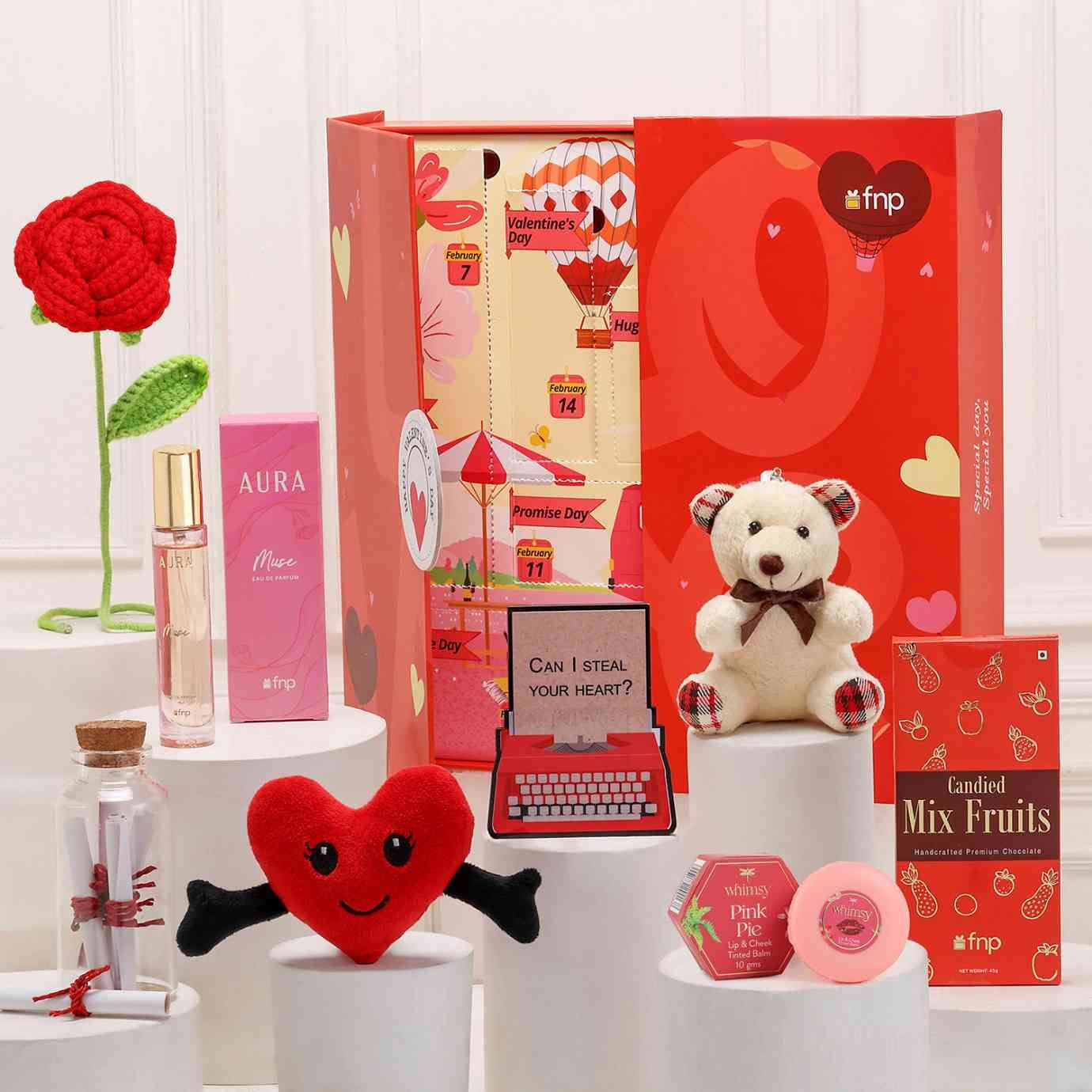 FNP Romantic Valentine's Day Hamper for Her - Crochet Rose, Teddy, Chocolates & Aura Muse Perfume - Thoughtful Gift Set