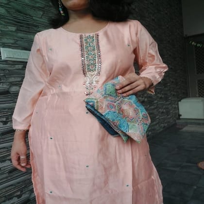 Pastel Pink Silk Kurta Set with Embroidered Neckline