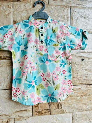 Kabir Kids Fashion Aqua Blue & Pink Floral Printed Boys Kurta Shirt