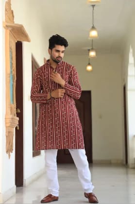 Maroon And White Cotton Premium And Elegant Kurta Pajama Set For Men