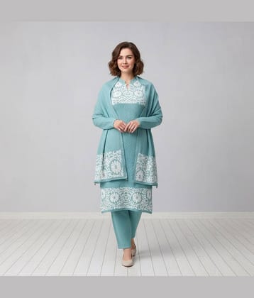 WOOL'S KART Women Woollen Printed A-line Kurti With Palazzo ( Blue )
