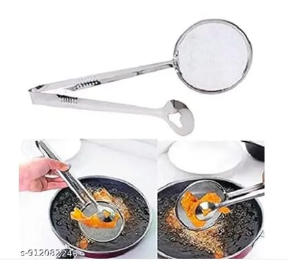 Stainless Steel Oil Strainer Tongs with Clip | Multi-Functional Frying & Serving Tool with Mesh Strainer Spoon | Heat-Resistant Kitchen Tong for Deep Frying, Cooking, Draining & Serving Food