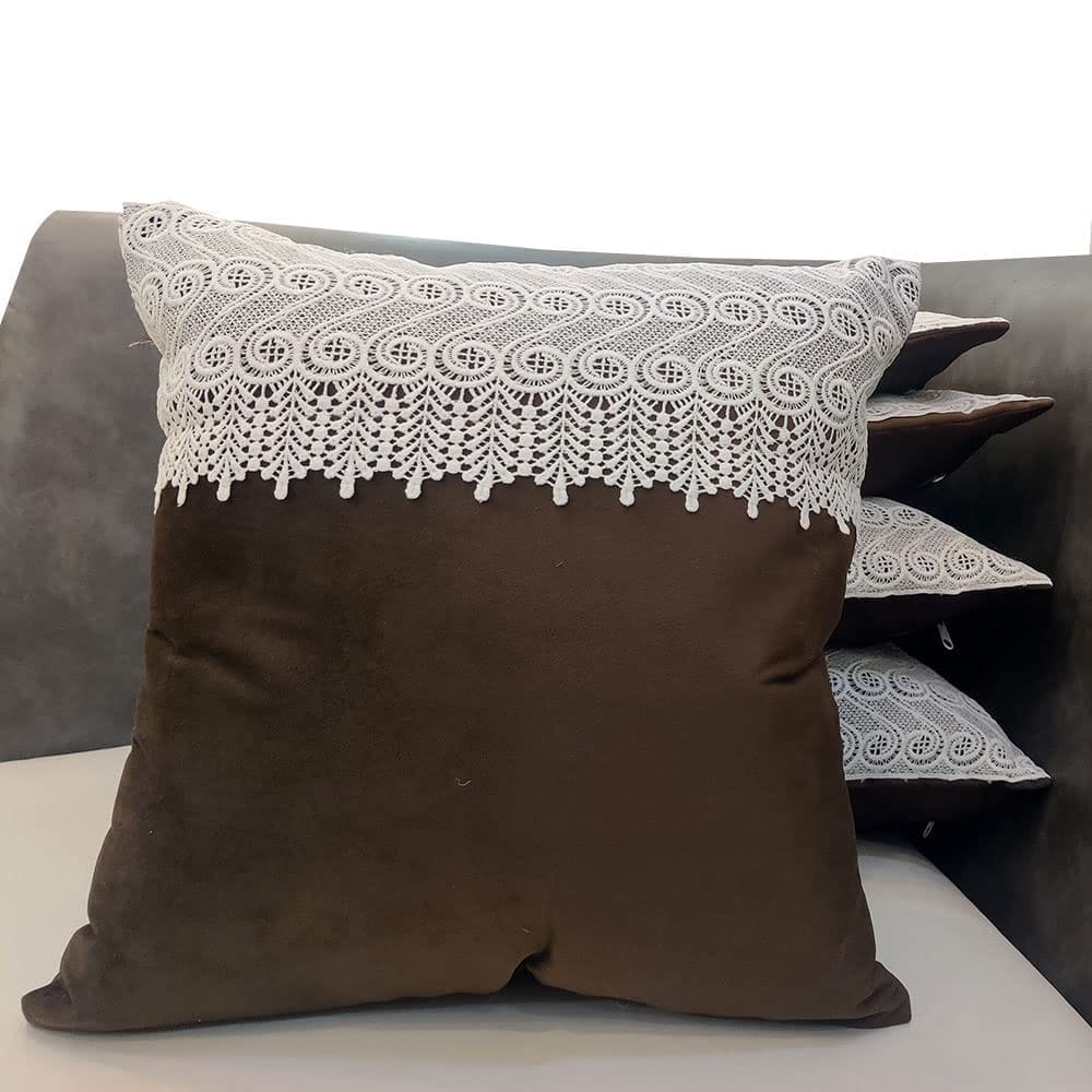 GOODVIBES 16X16 Inches Velvet Suede Cutwork Boho Square Cushion Cover with Lace for Décor Sofa Couch Living Room Bedroom Farm House Indoor Outdoor | 40cm * 40 cm I Set of 5|