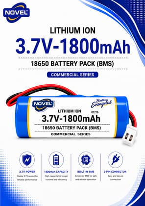NOVEL 3.7V BMS 18650 LITHIUM ION SINGLE BATTERY WITH JST 2PIN- 1800mAh