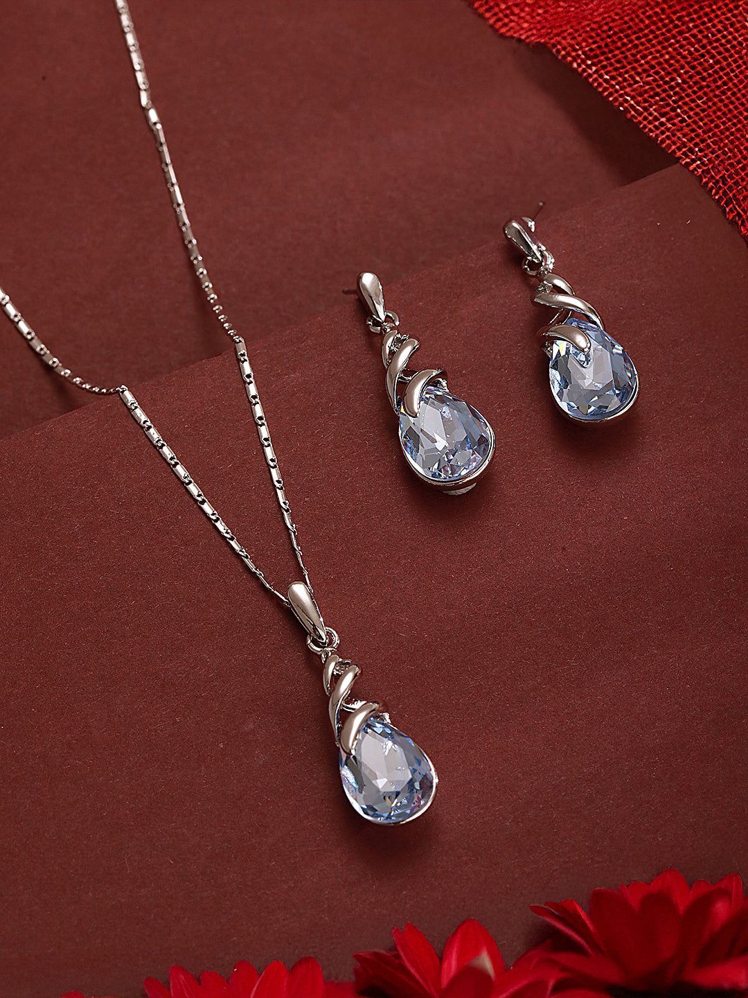 Elegant Blue Teardrop Pendant Necklace & Earrings Set