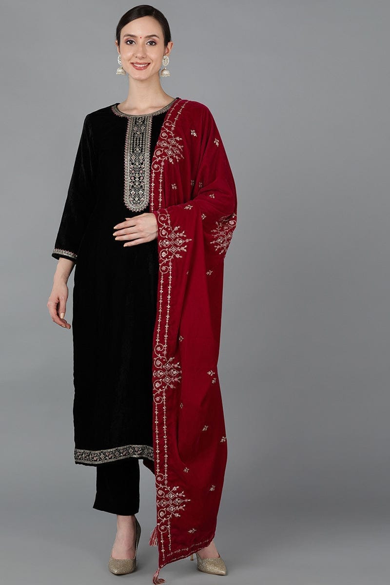 Black Velvet Ethnic Solid Straight Kurta Pant With Dupatta PKSKD1681
