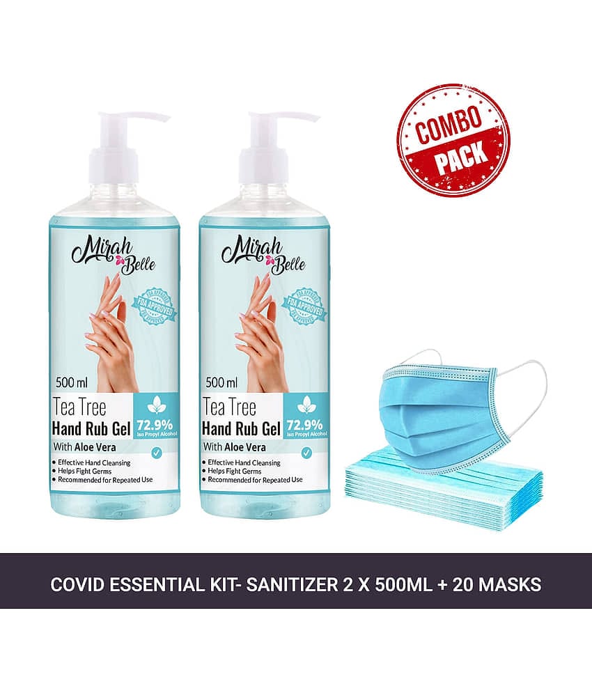 Mirah Belle Tea-Tree Aloe Vera Hand Rub Gel 500ml(Packof 2) & 20 Masks Sanitizers 1000 mL Pack of 2
