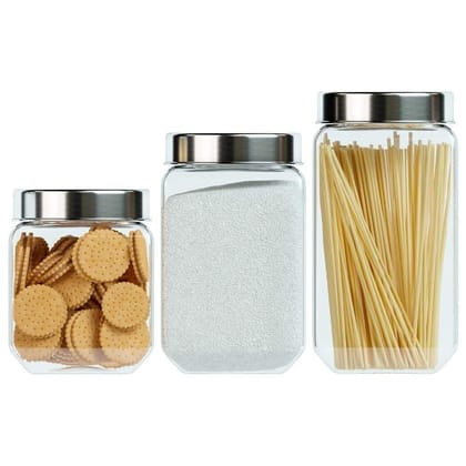 Femora Clear Glass Octo Kitchen Storage Jars,1150 ml, 1550 ml, 2000 ml, Set of 3