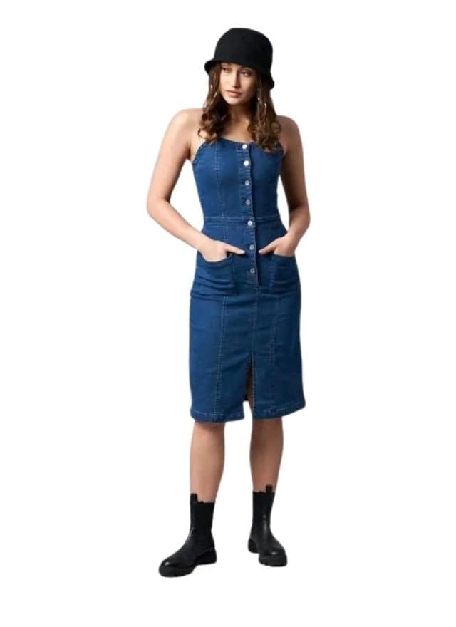 Women's Casual Denim Sleeveless Dress (Blue, S)-PID63378