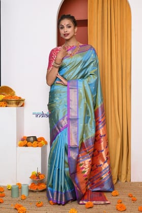 EXCLUSIVE! Authentic Dual Tone Powder Blue Paithani With Most Traditional Double Pallu (By Govt Certified Weavers)