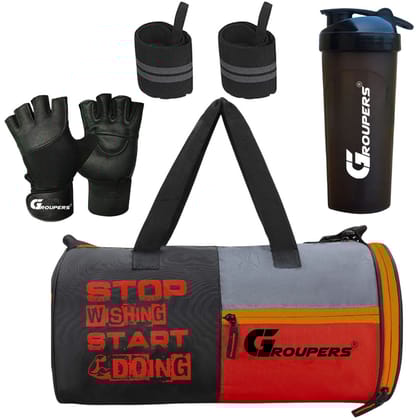 GROUPERS SWSD Duffel Bag l Gym Bags lWrist Band Support l Gym Gloves l Gym Shaker Bottle-700 ML (Black)