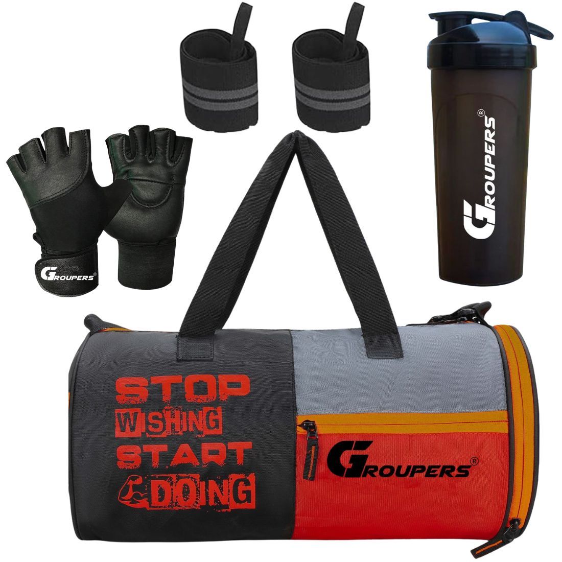 GROUPERS SWSD Duffel Bag l Gym Bags lWrist Band Support l Gym Gloves l Gym Shaker Bottle-700 ML (Black)