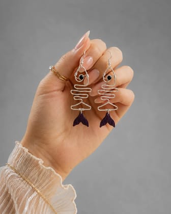 UneR Quirky Silver-Plated Fish Bone Dangle Earrings with Purple Tail & Black Bead Eye