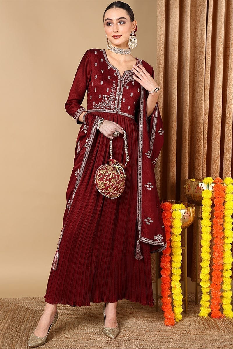 Plus Size Maroon Silk Blend Embroidered Anarkali Style Suit Set PKSKD2055