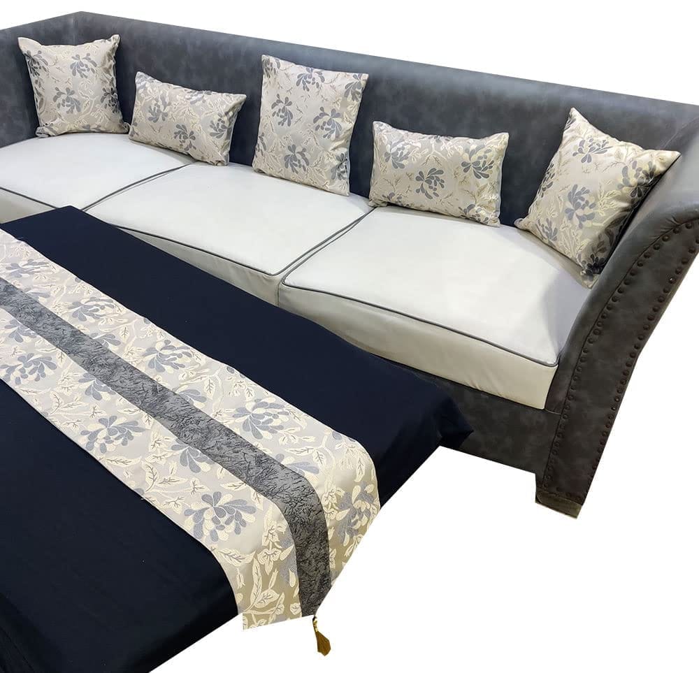 Grey White Damask Woven 3 Square 2 Rectangle Cushion Covers and 1 Table Runner Combo Luxury Modern Pillow Cover for Sofa Living Room Bedroom |16X16 Inch I12X18Inch I12 X 59 Inch Table Runner