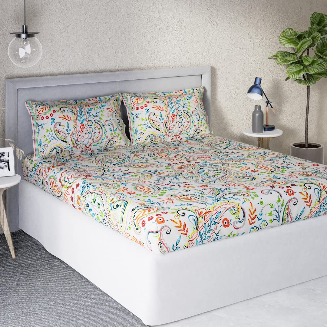 DDECOR - Sigma Collection 100% Cotton Ethnic Pattern 136TC Queen Bedsheet |224 CM X 254 CM| with 2 Pillow Covers - Multi
