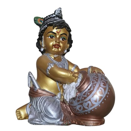Saadhya Decors Golden Makhan Chor Idol (17 cm) – Premium Bal Krishna Golden Murti with Butter Pot for Home Temple, Décor &amp; Auspicious Gifting