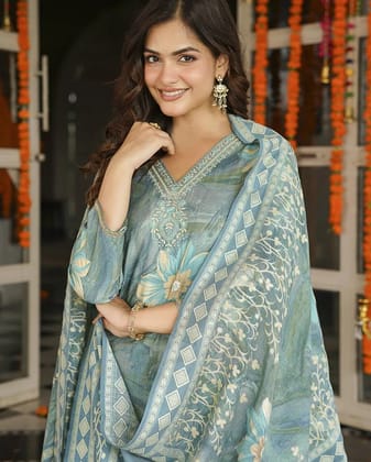 Viscose Rayon Floral Embroidered Straight Kurta Trousers With Dupatta