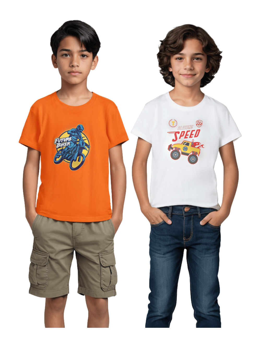 Boys T-Shirt White / Scarlet Ibis Orange, Soft Cotton, Ages 7-14 (2pcs pack)