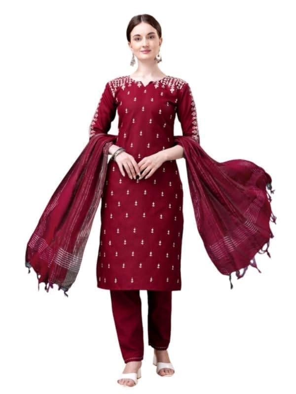 Women's Casual 3-4 th Sleeve Embroidery Cotton Kurti Pant Dupatta Set (Maroon, M)-PID50237