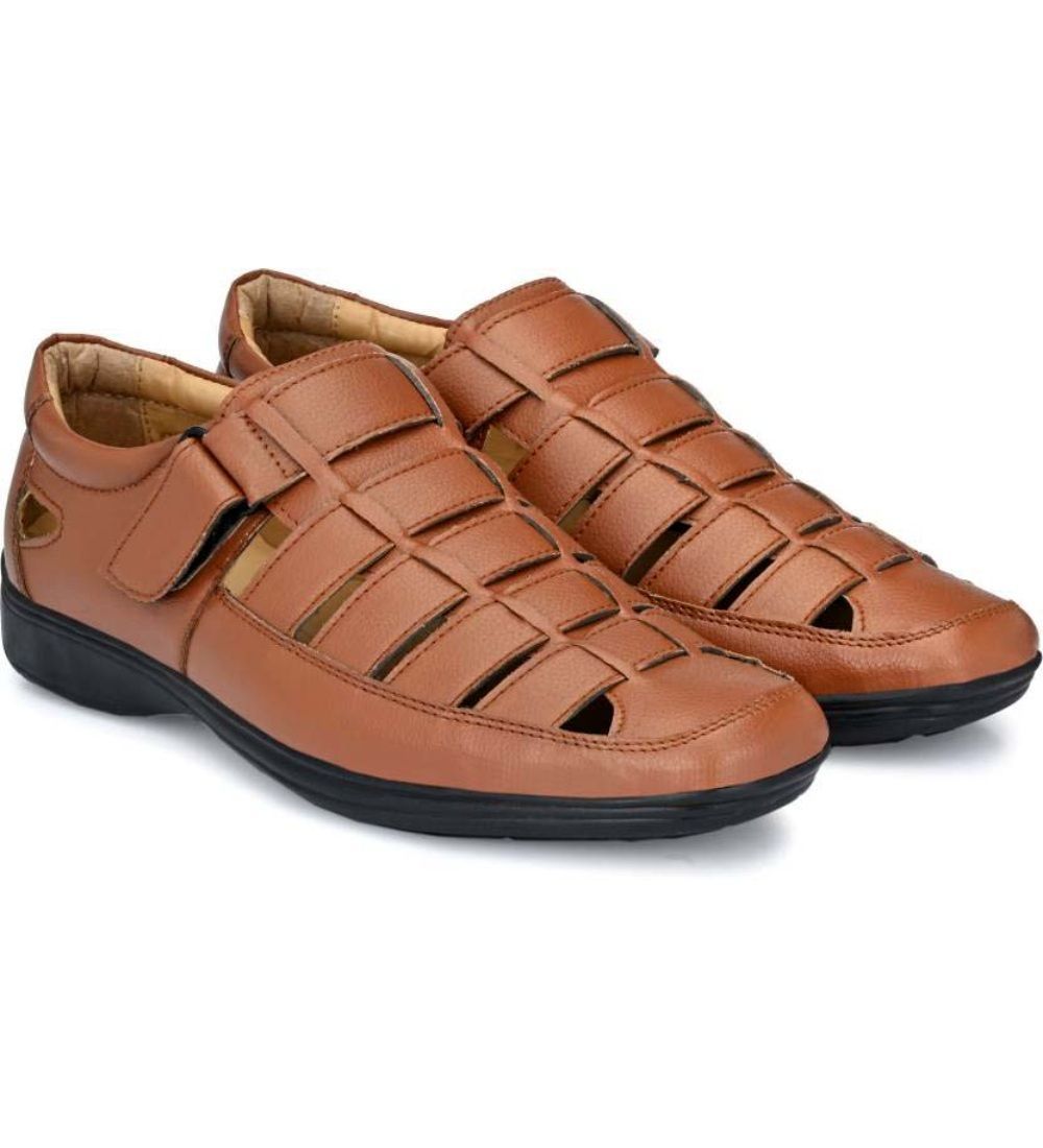 Mens Casual Faux Leather Solid Velcro Sandal Size 6 (Tan)