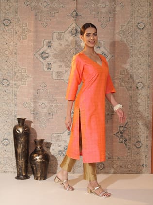 Peach-Orange Satin-Silk Butti Kurta for Women | V-Neck, 3/4-Sleeve, Calf-Length Festive & Office Wear