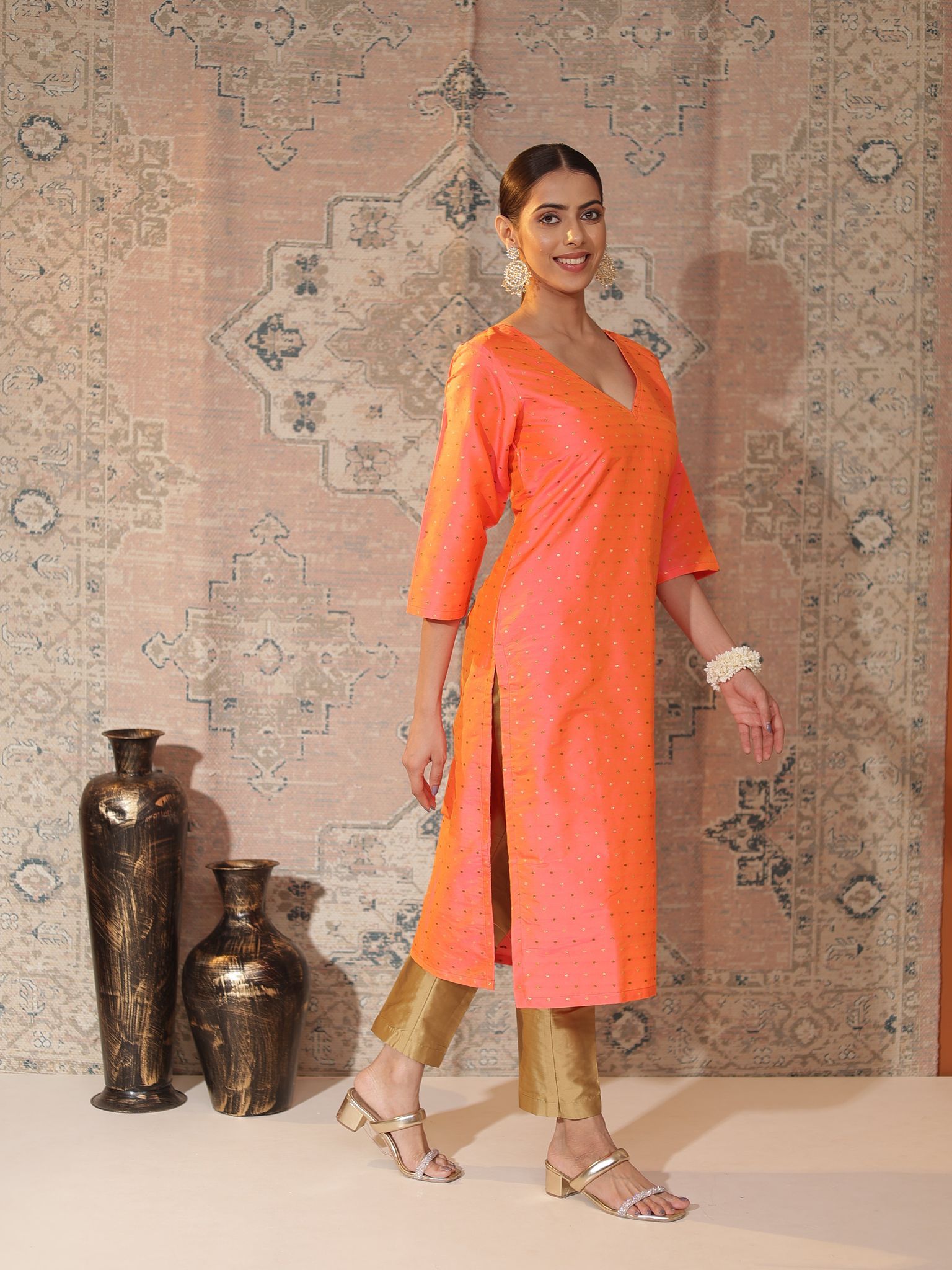 Peach-Orange Satin-Silk Butti Kurta for Women | V-Neck, 3/4-Sleeve, Calf-Length Festive & Office Wear