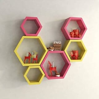 Onlinecrafts Wooden Wall Shelf Wooden Wall Shelf (Number Of Shelves - 6, Yellow, Pink)