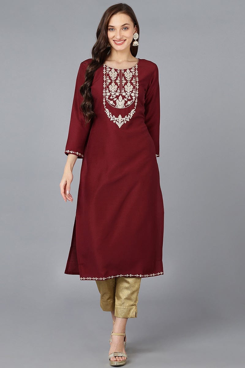 Maroon Silk Blend Solid Embroidered Straight Kurta VCK9081