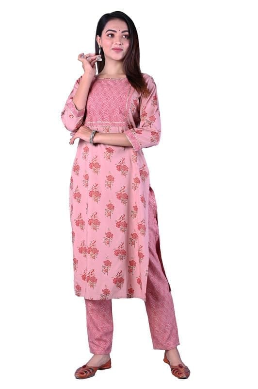 Women's Casual 3/4 Sleeve Printed Rayon Kurti With Pant Set (Pink, M)-PID47170