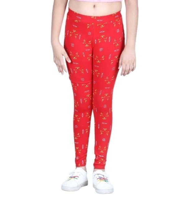 Girl's Cotton Blended Printed Elasticated Leggings (Red, 6-7-Yrs)-PID66133