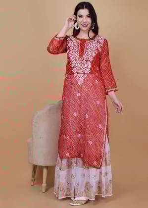 Kota Doria Chikankari Masterpiece Straight Kurta -Darl Red