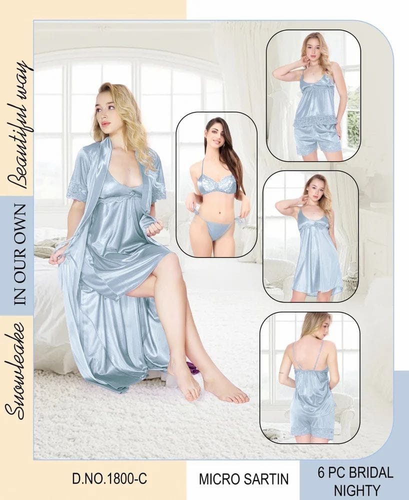 Luxury 6-Piece Bridal Nightwear Set | Micro Satin Silk Nighty, Bra & Robe | Honeymoon Lingerie Set for Women | Elegant Bridal Gift