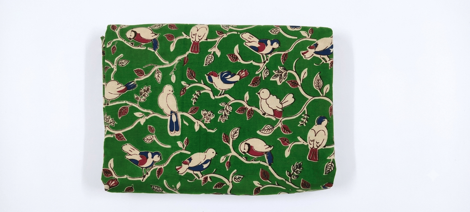 KALAMKARI MATERIAL GREEN WITH BIRDS DESIGN (1 MTR)