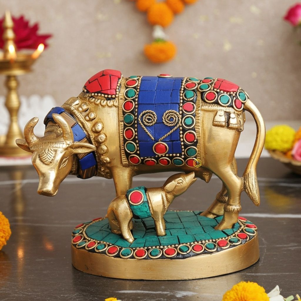 Brass Cow Stone Statue - Holy Decorative Showpiece, Height : 4 Inch (BSMAS982 A)