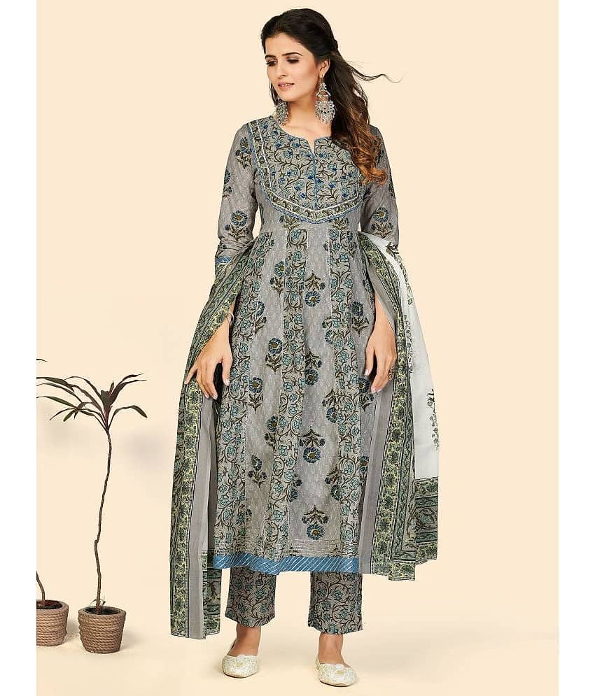 Vbuyz - Grey Anarkali Cotton Women's Stitched Salwar Suit ( Pack of 1 )