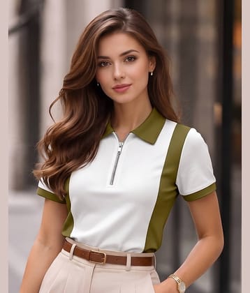 AOOSH Women Cotton Blend Colorblock Regular Fit Polo Collar T-Shirt ( Off White )