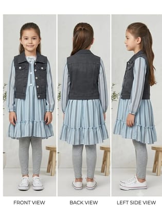 Front Open Button Frock Vertical Stripe Pattern Ruffle Bottom Design Denim Style JacketMatching Grey Legging Casual + Party Wear Look