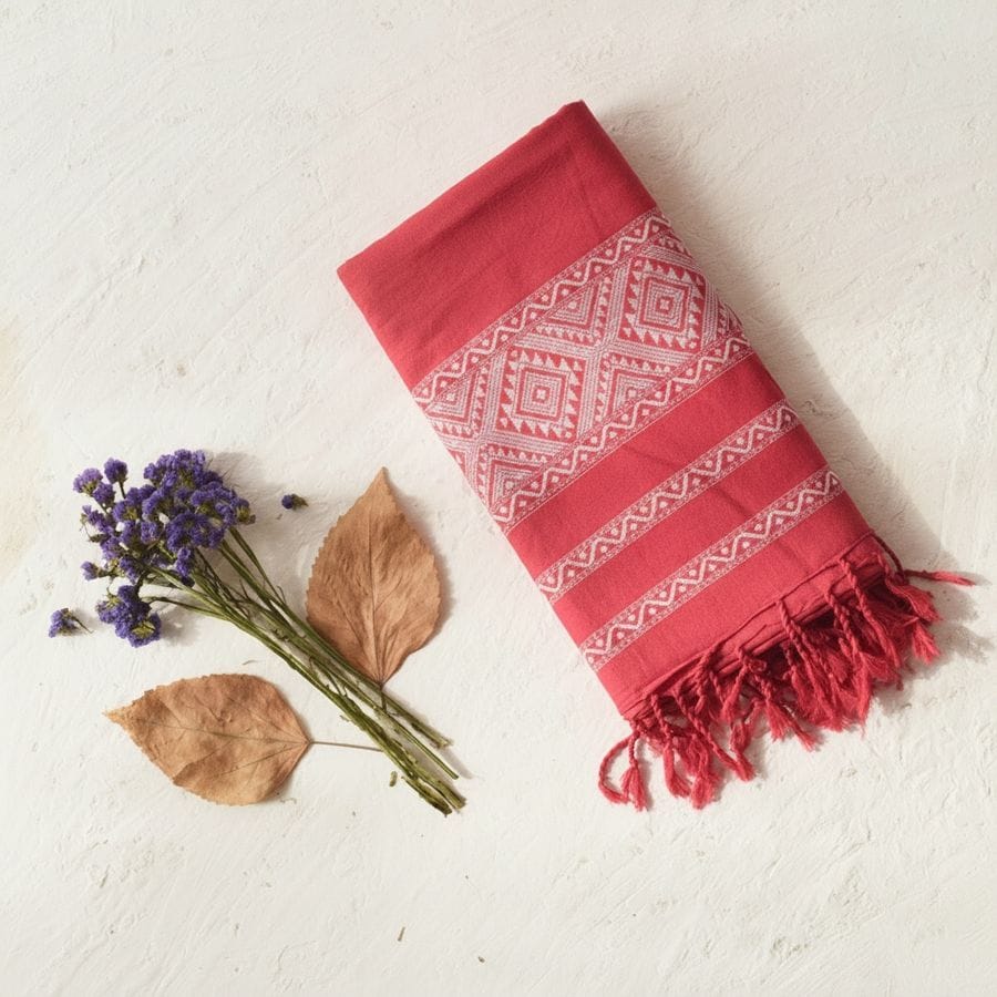 Ethnic Geometric Print Red Stole with Tassels