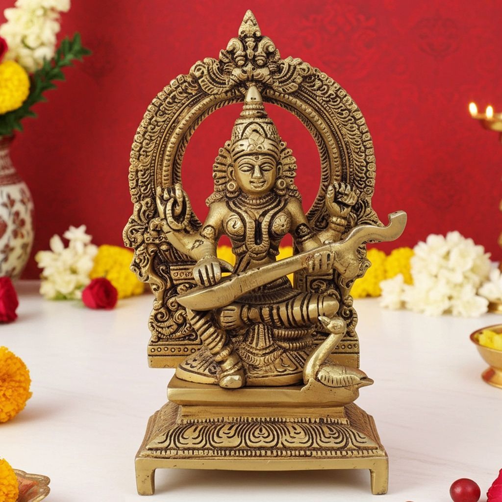 Brass Saraswati Ji Idol Statue - Classic Finish Showpiece, Height : 7.5 Inch (BSMAS1539 C)