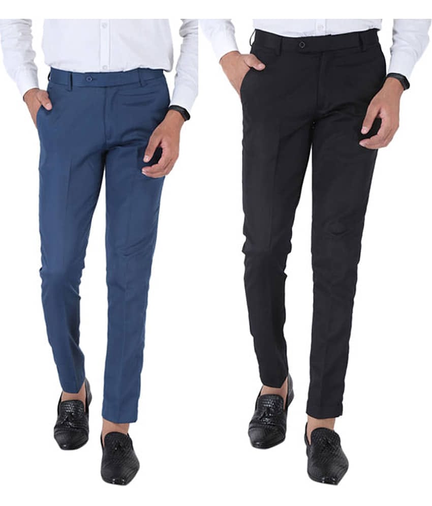 SREY Dark Blue Slim -Fit Flat Trousers Pack of 2