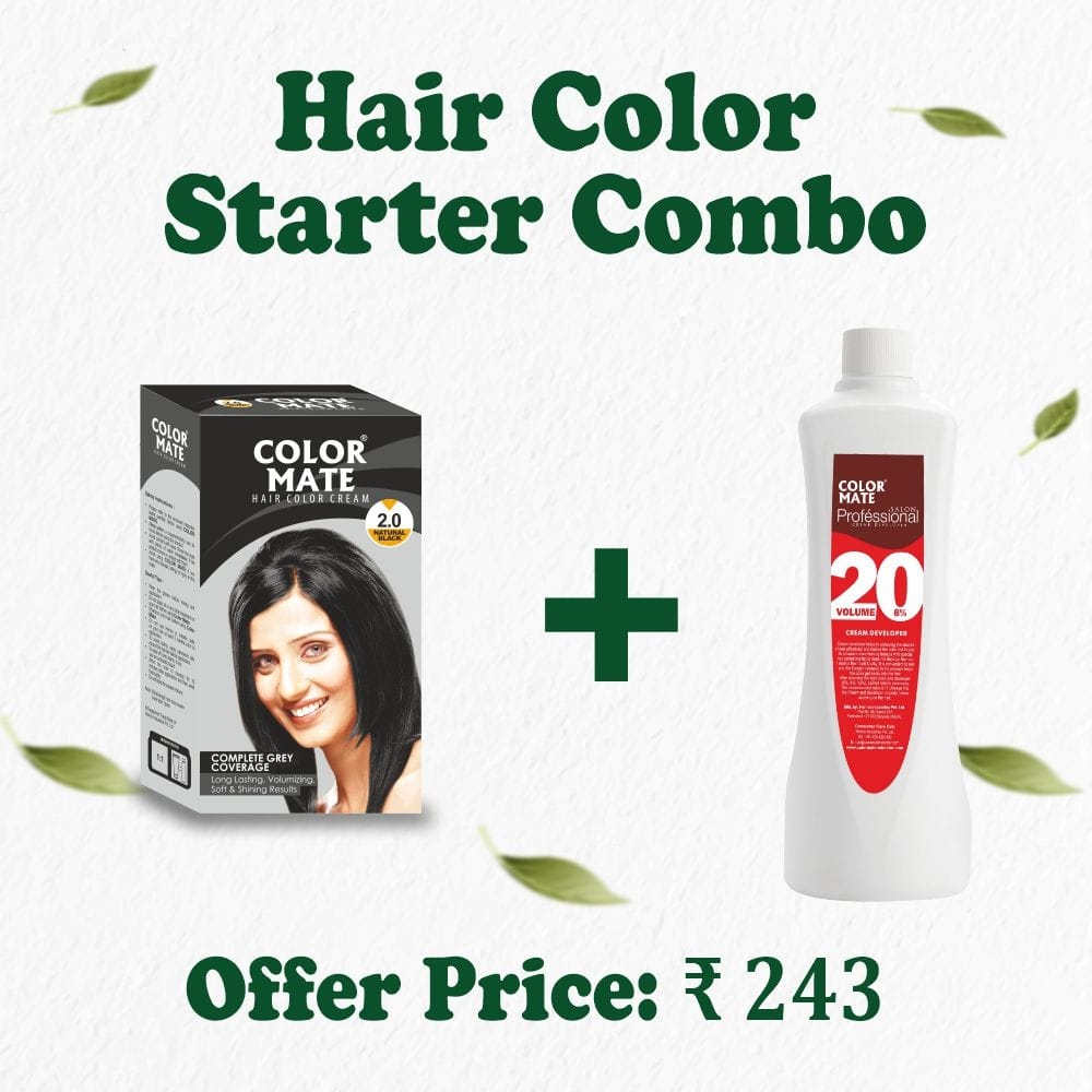 Color Mate Hair Color Cream + Developer Combo | Natural Black (60ml) + 6% Developer (250ml) | Salon Quality, Long-Lasting, Ammonia-Free Formula